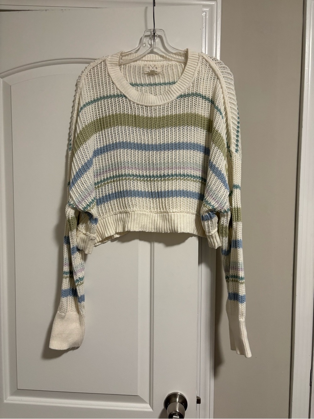 THREAD & SUPPLY, Cropped Cream Stripe Knit Sweater, Size Medium